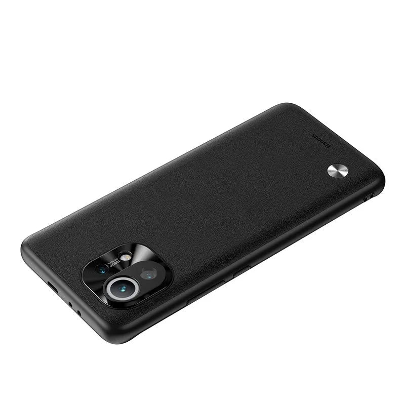 Alloy plain leather phone case for Xiaomi 11 in black and smoky purple colour options
