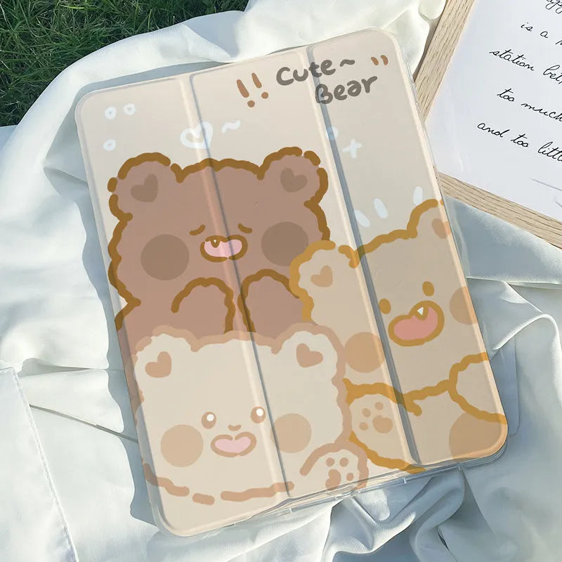 A flat, tri-fold silicone iPad protective case featuring a cartoon rabbit design.