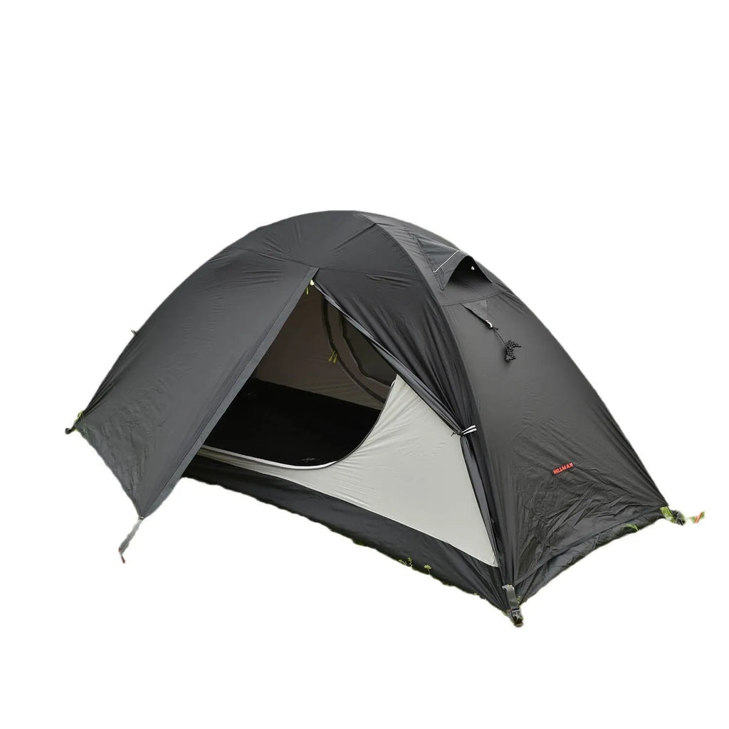 Single person lightweight camping tent with aluminium poles shown in a red colour option, fully expanded.