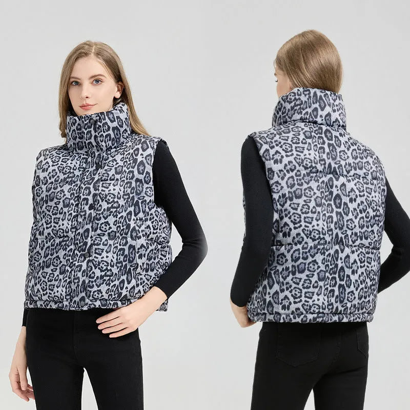 Leopard print stand collar loose fit vest for women in khaki with pockets and thick polyester fabric