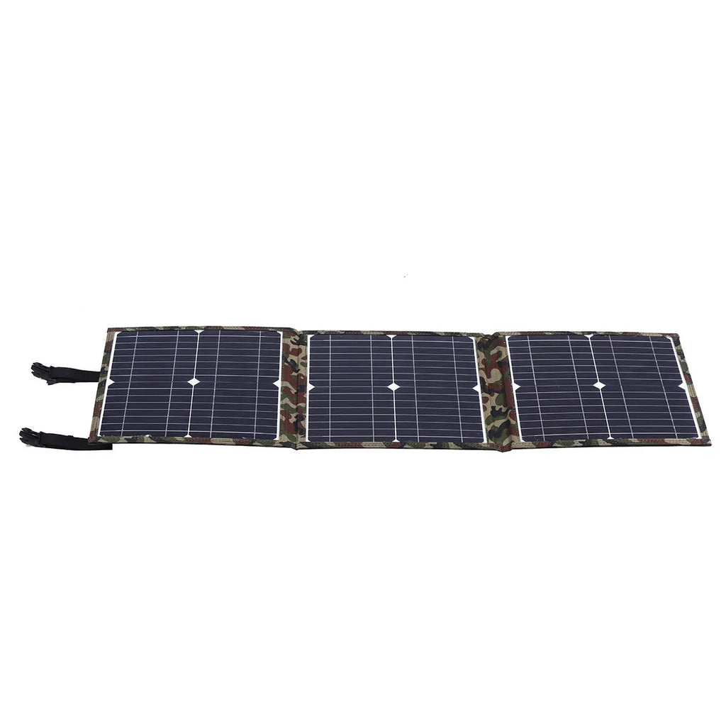 Black foldable portable 36W solar panel with monocrystalline cells and included car charger accessories.