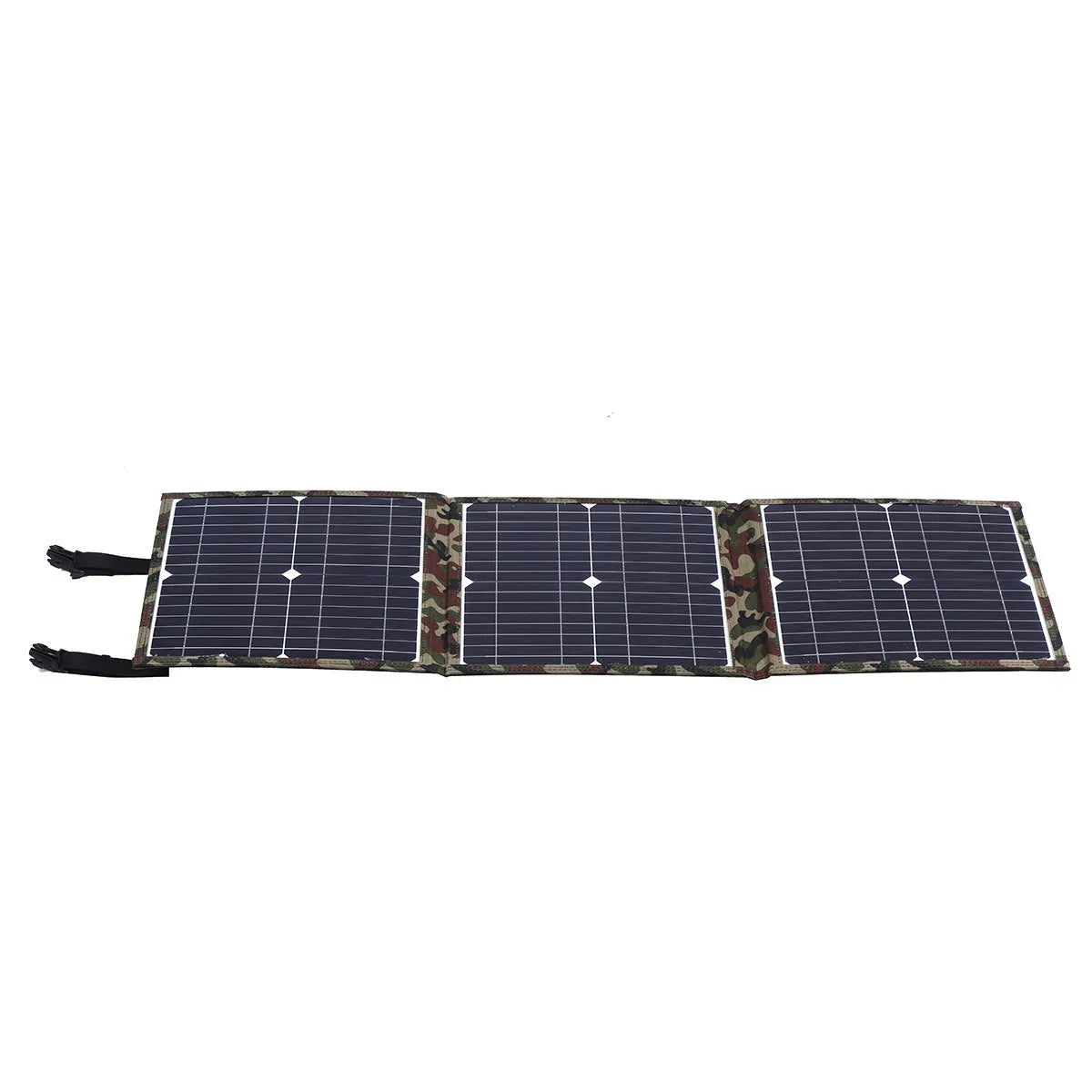 Black foldable portable 36W solar panel with monocrystalline cells and included car charger accessories.