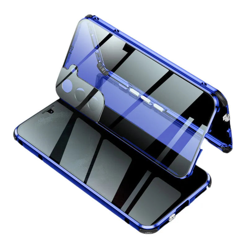 Samsung anti-peeping magnetic phone case in clamshell design with privacy screen and double-sided glass protection
