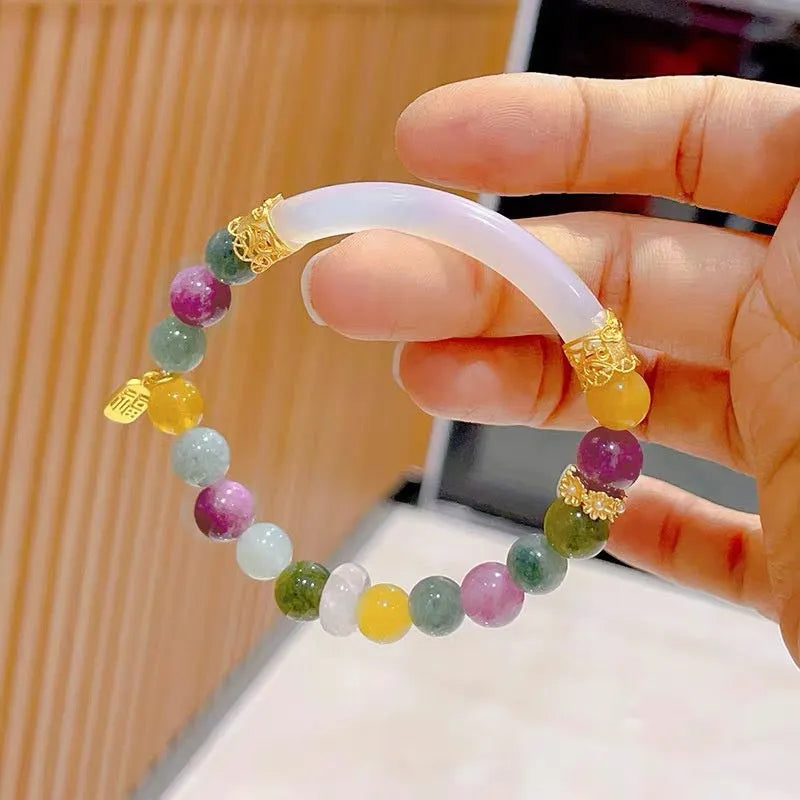 Rainbow tourmaline half bracelet for women with electroplated finish and sweet cool style