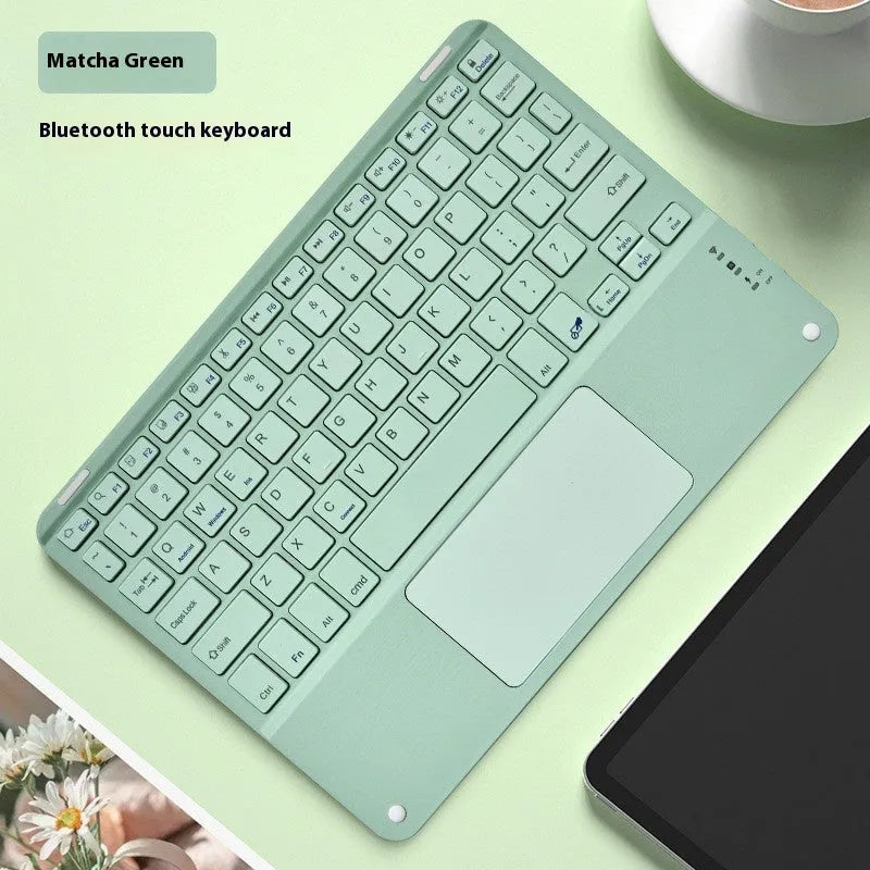 Square Hat Bluetooth wireless charging keyboard showing colour touch panel options on black background