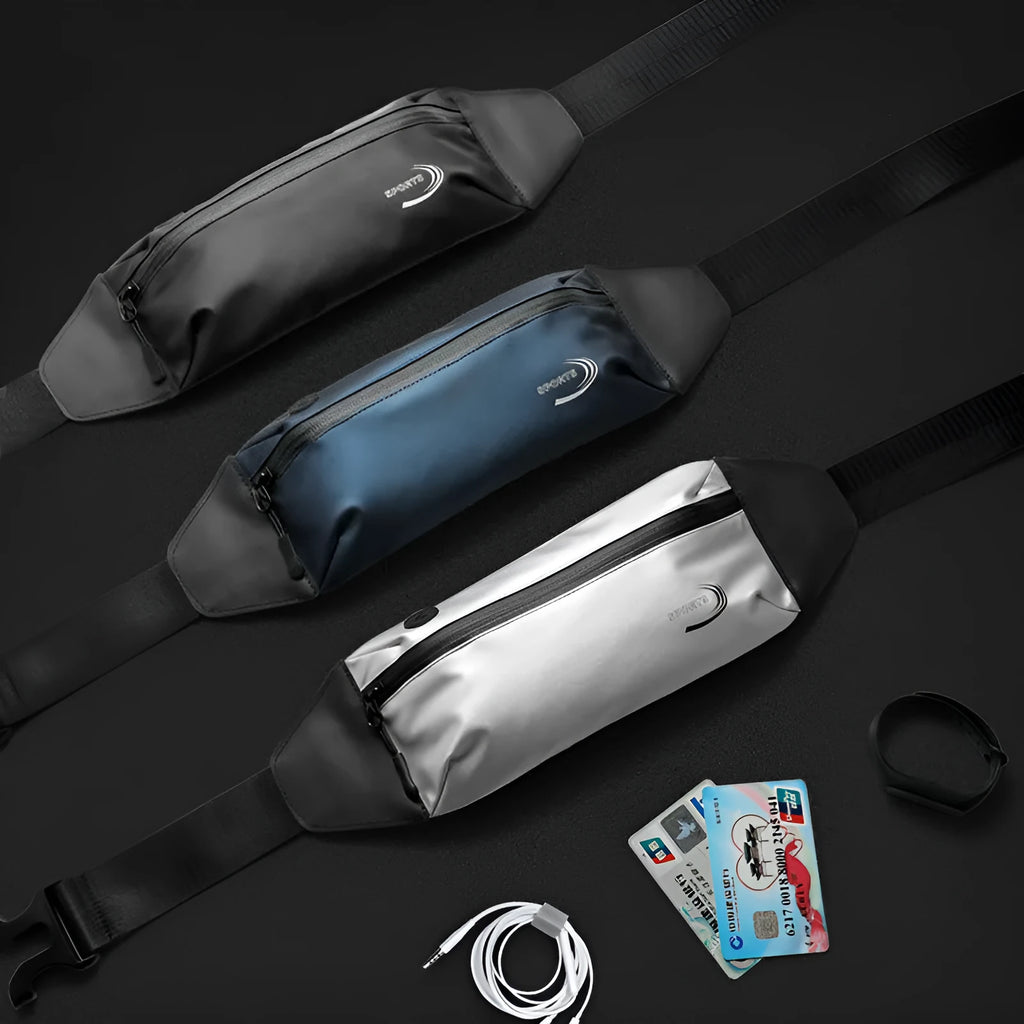 Men's waterproof waist bag in Derm Oxford polyester showing compact 45cm design