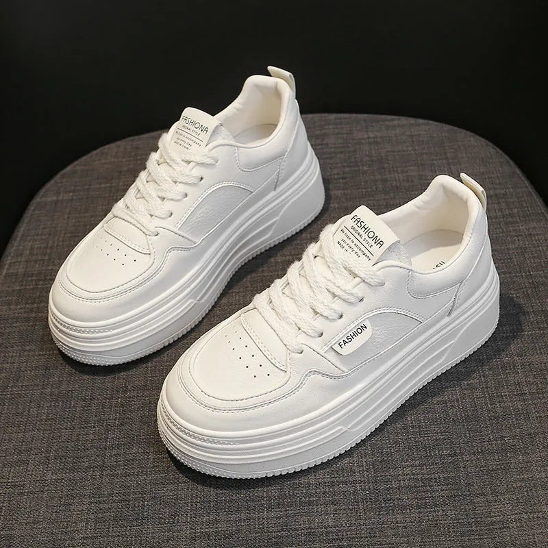 Black low-top platform thick sole casual shoes with two-layer cowhide upper, round toe, and front lace-up closure