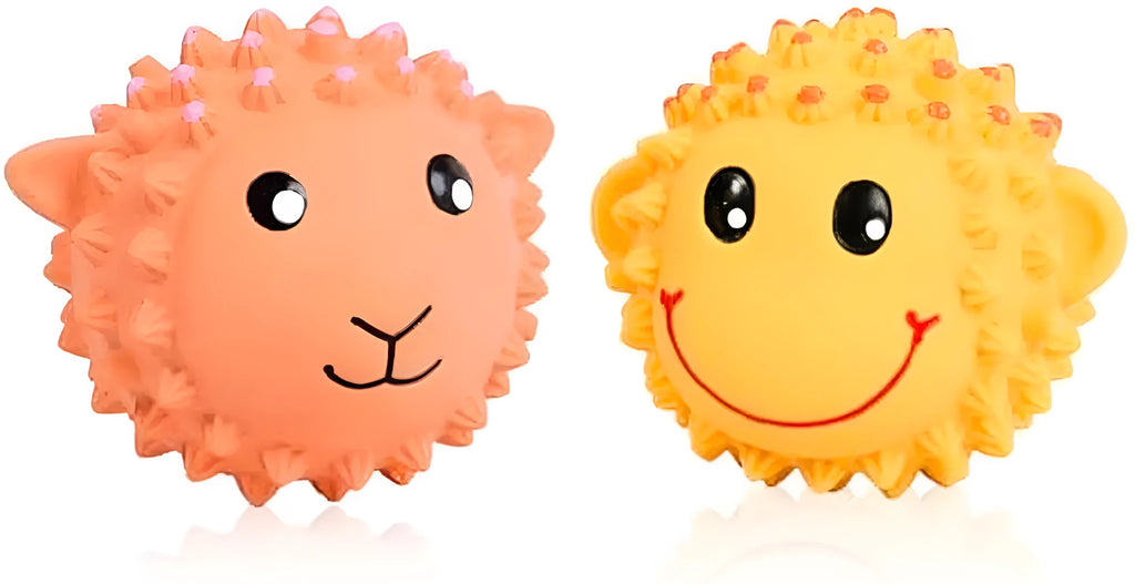 Orange and yellow spiky latex dog toys shaped like lamb and monkey with teeth cleaning texture
