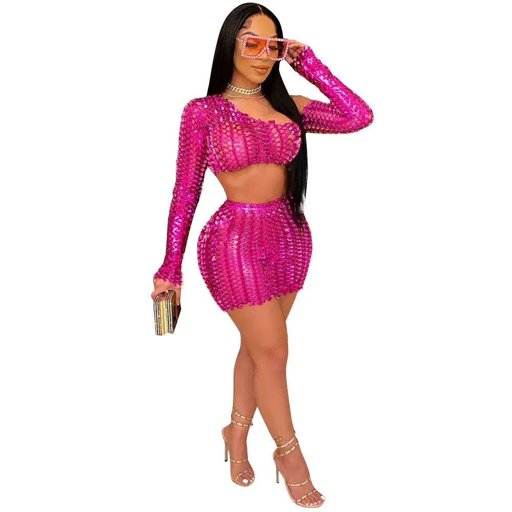 Women's hollow-out two-piece dress set with sleeveless top and short skirt in polyester fabric