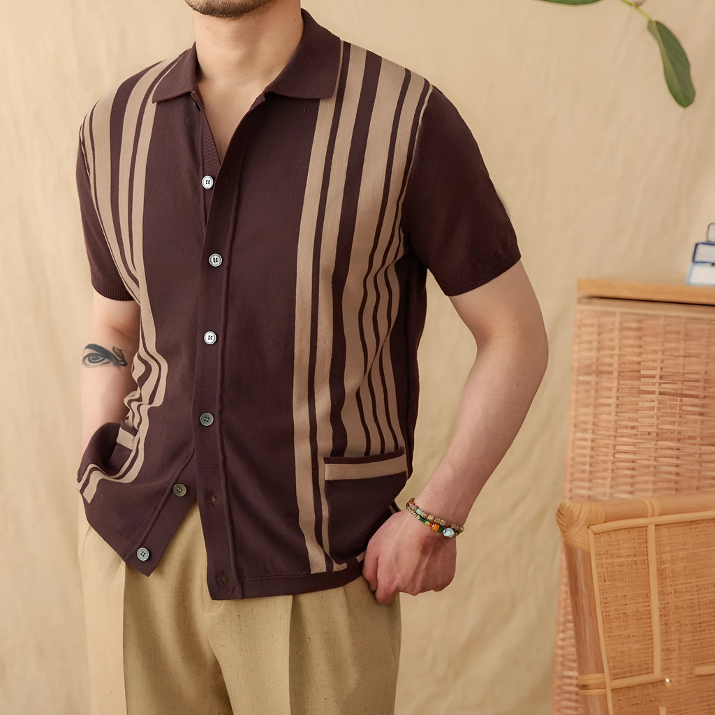 Men's short-sleeve striped knit cardigan polo shirt with lapel collar in light blue