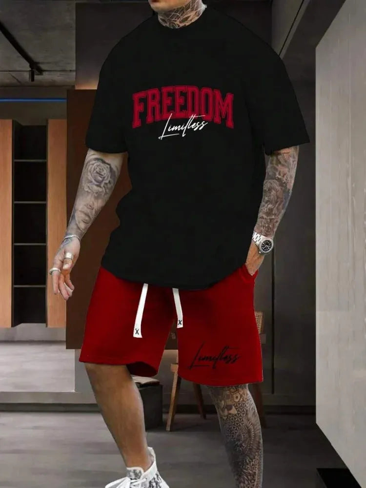 Men's 3D printed letter pattern sportswear two-piece set with short sleeves and shorts