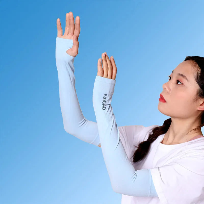 Unisex open-finger nylon sun protection sleeve for driving, shown in blue.
