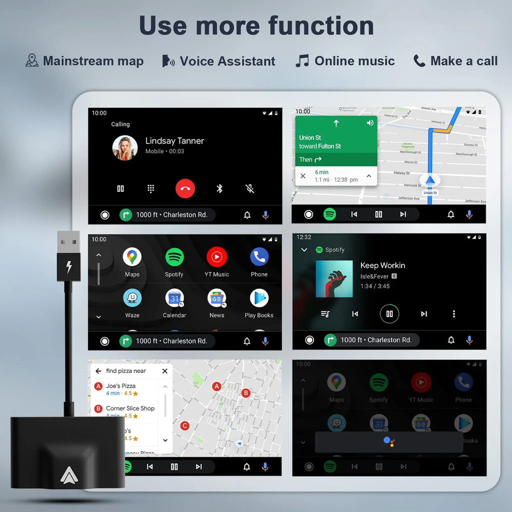 Black wireless Android Auto car adaptor connected to a car USB port with a smartphone displaying a navigation app wirelessly.