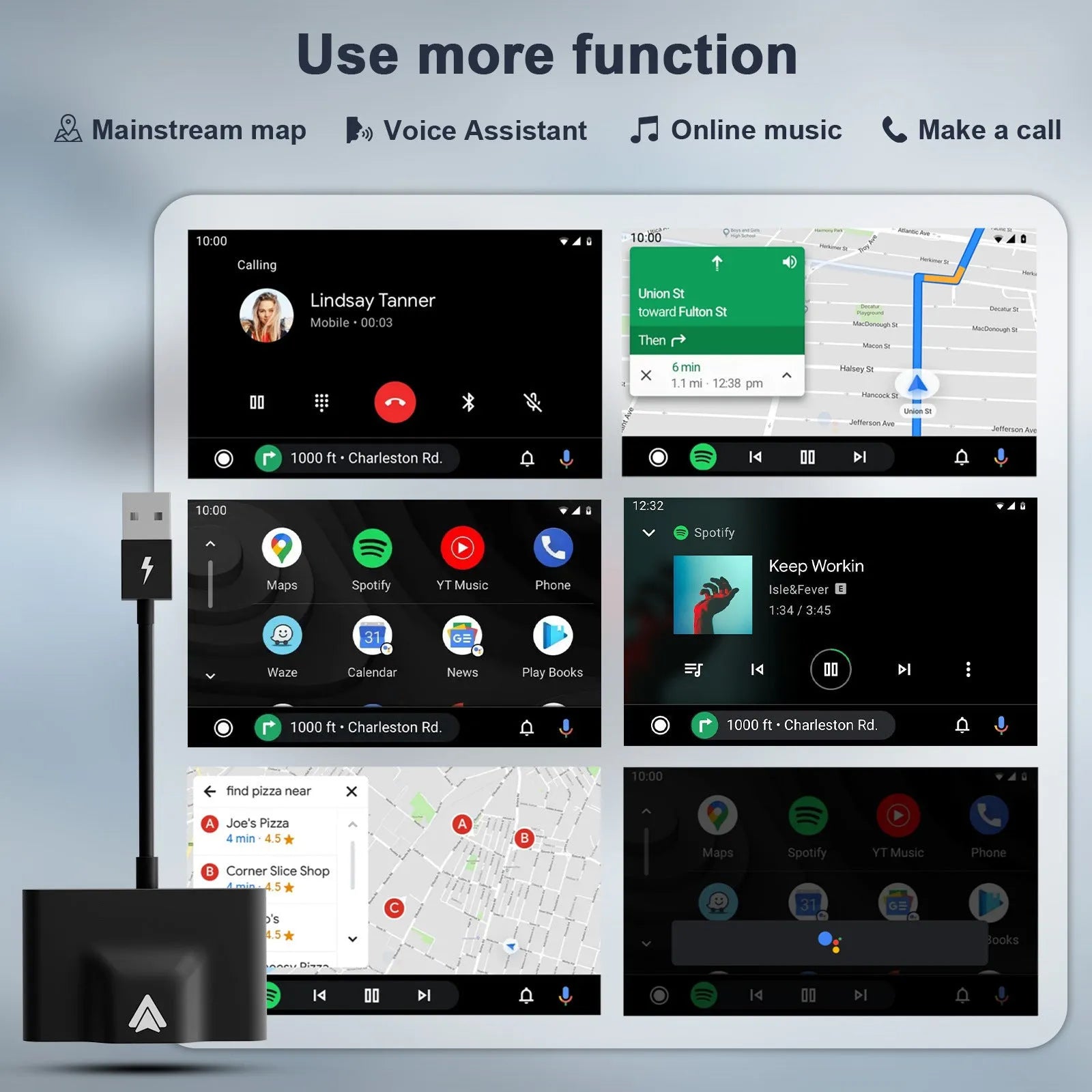 Black wireless Android Auto car adaptor connected to a car USB port with a smartphone displaying a navigation app wirelessly.