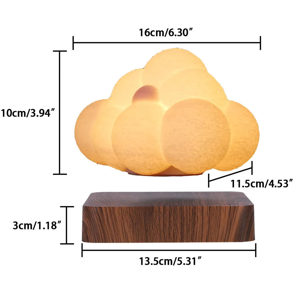 Magnetic levitation cloud night light with 3D printed cloud floating above base, warm white light