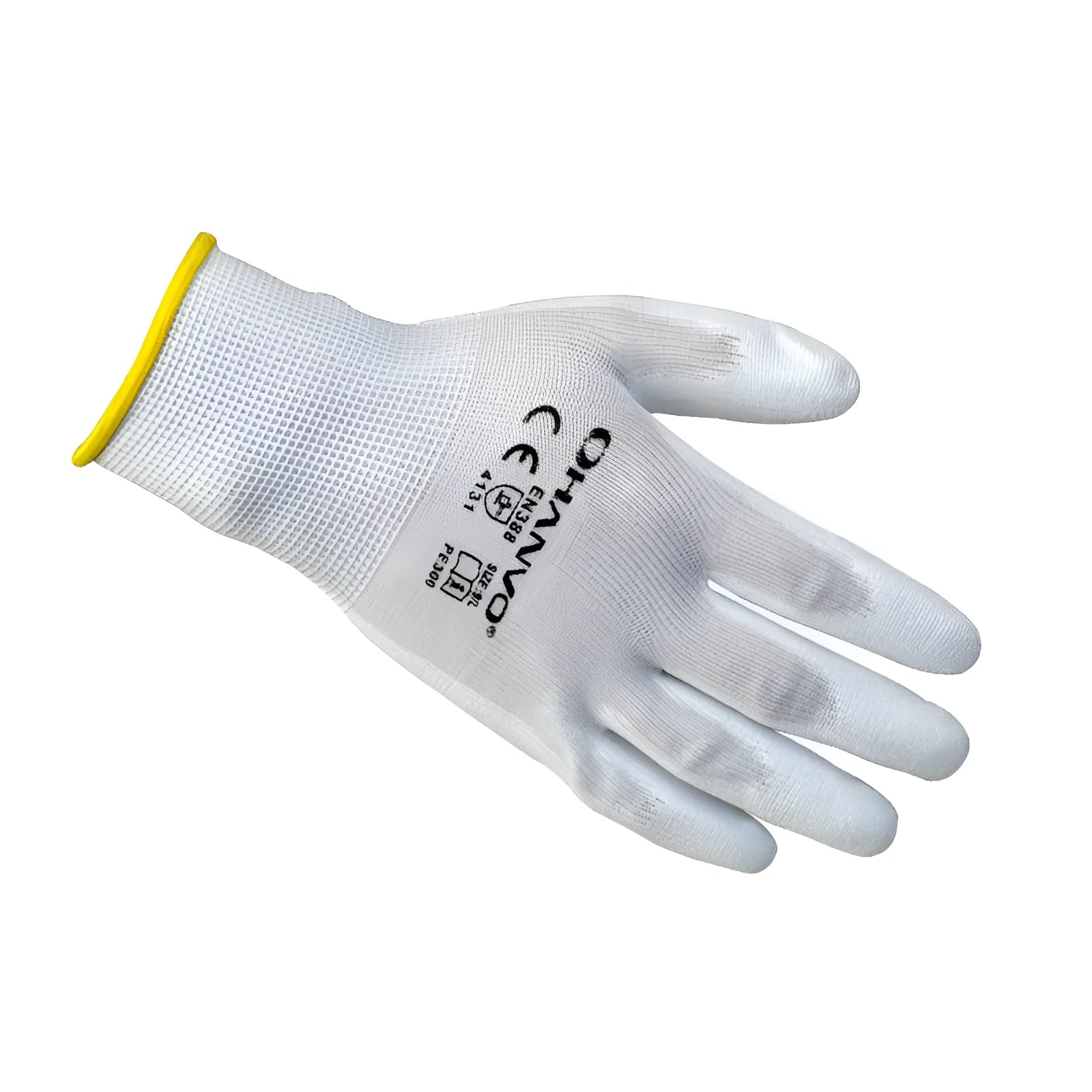 Pair of white PU coated work gloves for labour, showing flexible latex-free coating.