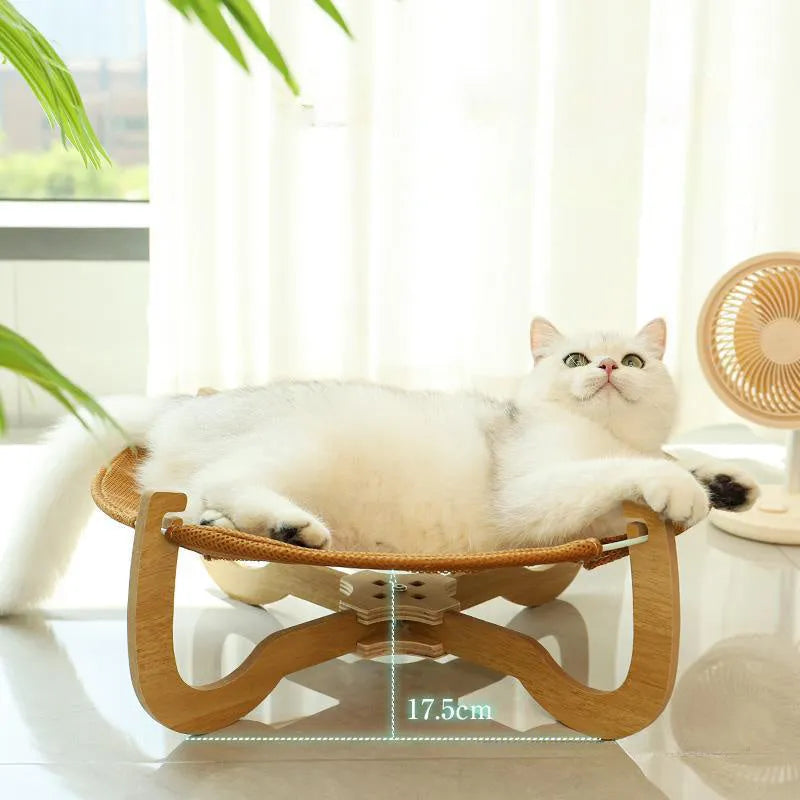 Brown woven rattan pet hammock bed measuring 46cm square with raised platform design