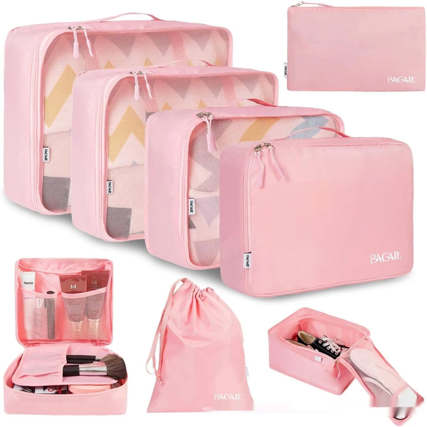 Eight cubic travel packing bags in various colours including beige, black, pink leopard print, and white pink stripes