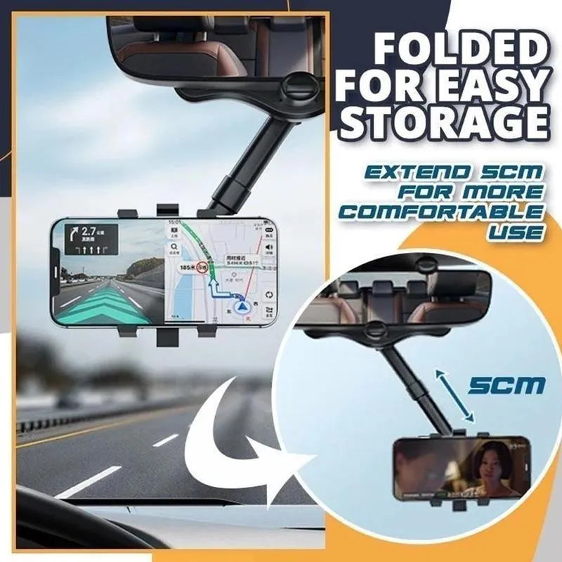 Black rearview mirror phone holder with rotating head and telescopic arm mounted on a car mirror.