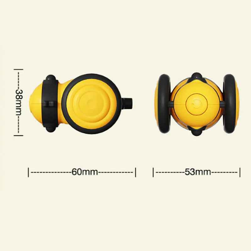 Electric bee-themed cat toy with feather attachments in pink or yellow colour options