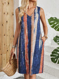 Women's striped colour block sleeveless V-neck midi dress on a hanger.