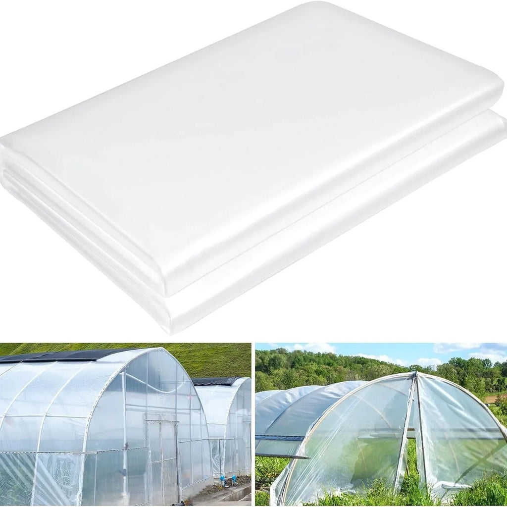 Roll of clear plastic greenhouse film for cold-proofing vegetable sheds, 4 metres by 8 metres.