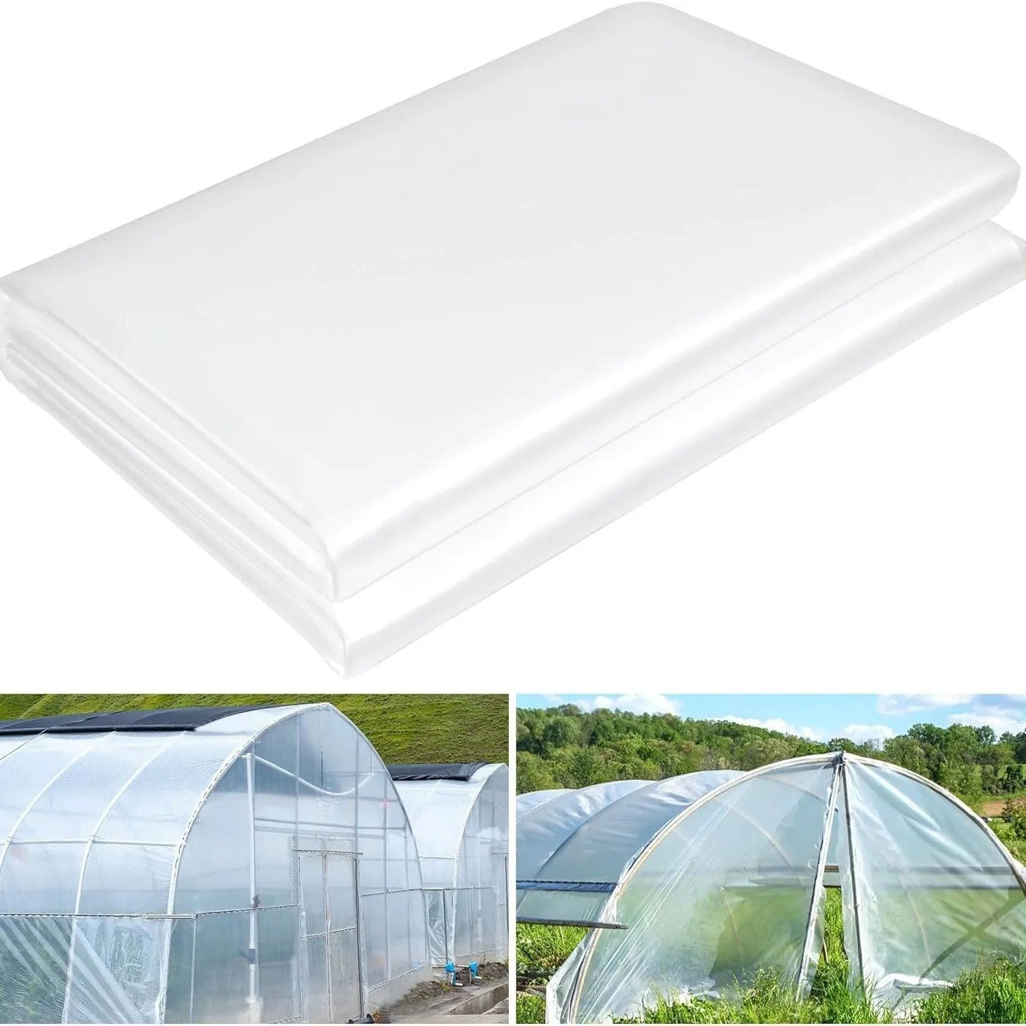 Roll of clear plastic greenhouse film for cold-proofing vegetable sheds, 4 metres by 8 metres.