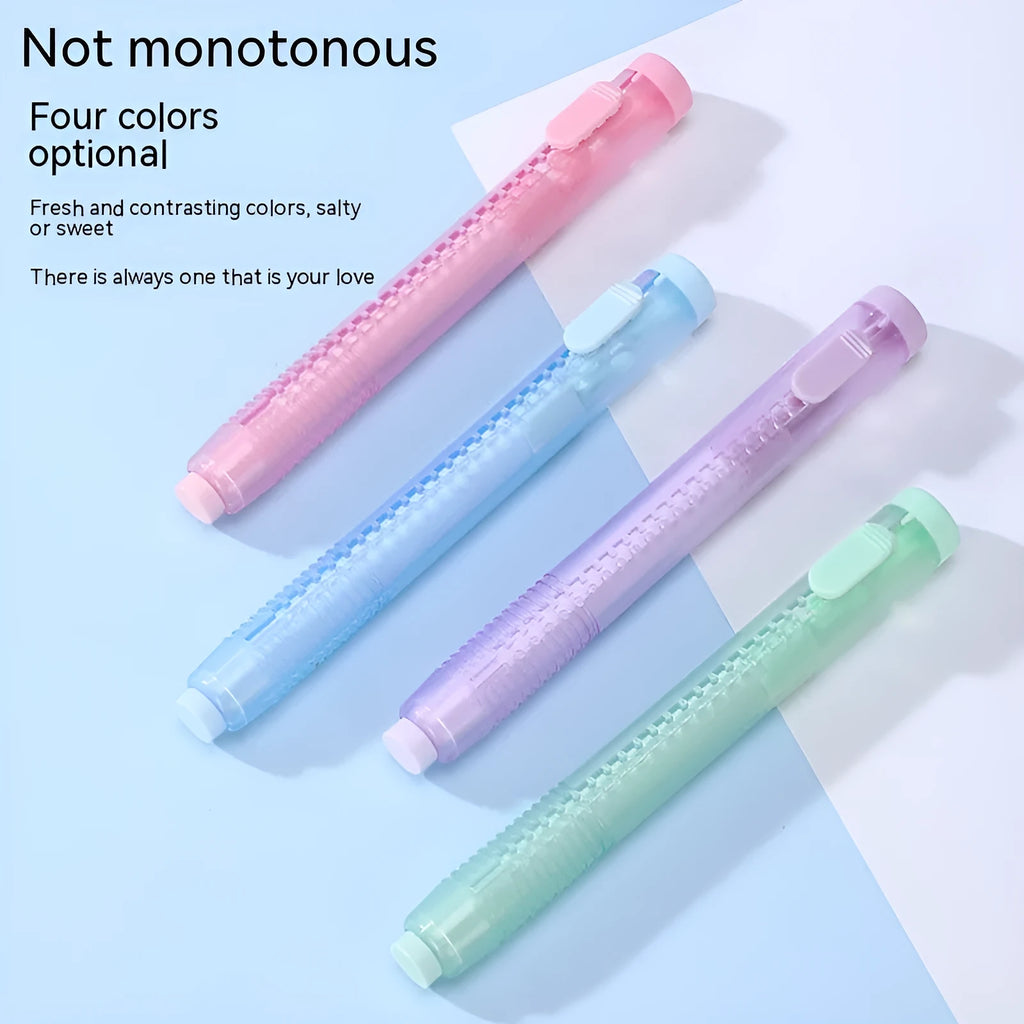 Children's push-type automatic eraser in blue, green, pink, or purple colours showing 12cm by 8cm dimensions