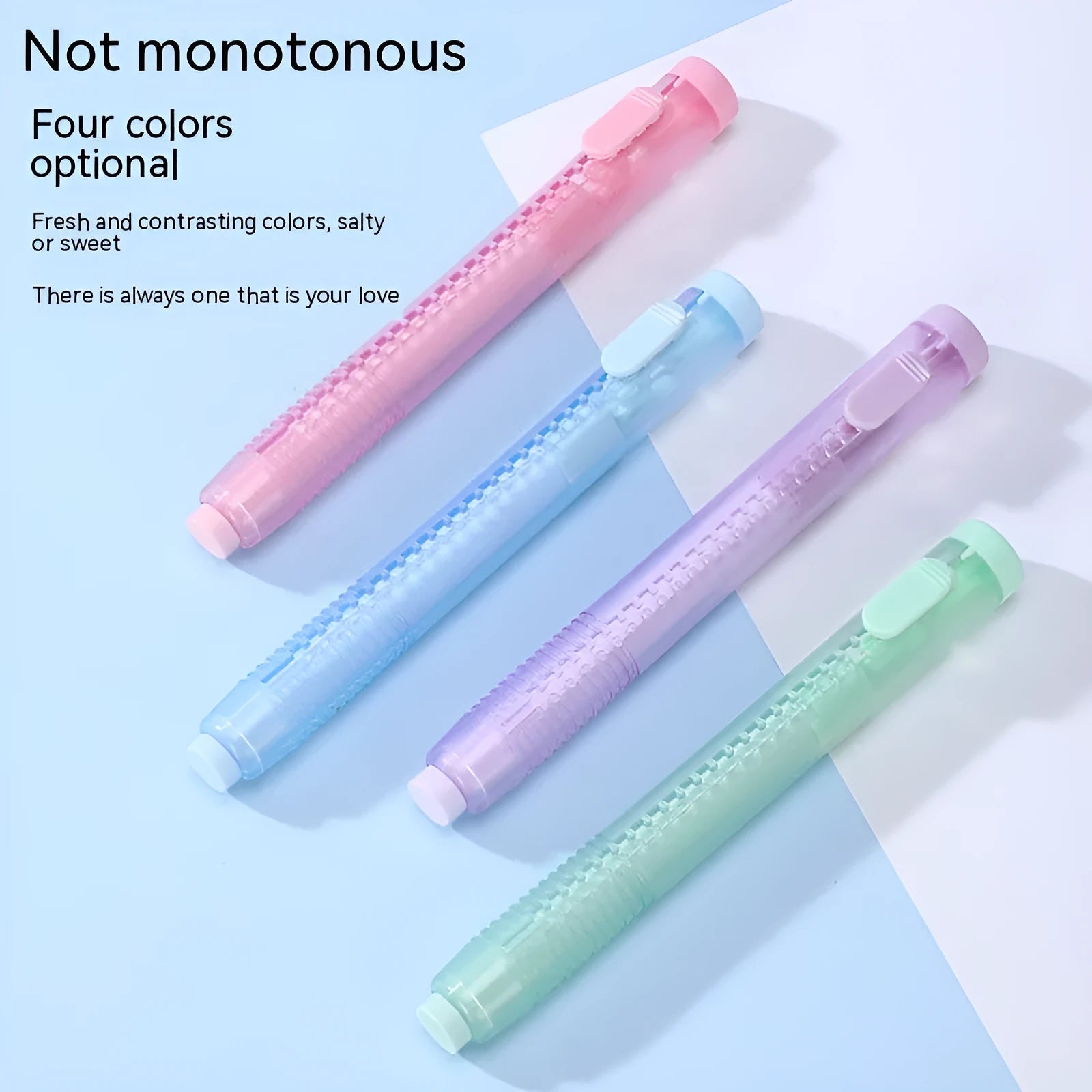Children's push-type automatic eraser in blue, green, pink, or purple colours showing 12cm by 8cm dimensions