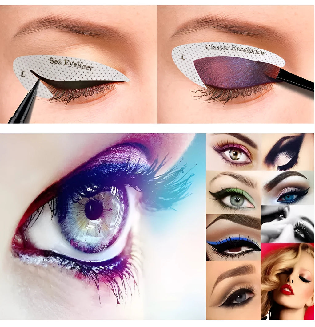 Set of four reusable flexible eyeliner sticker templates for creating winged eyeliner and eyeshadow looks.