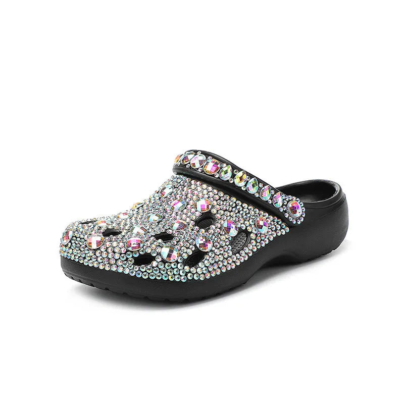 Black women's platform sandals with rhinestone details and hole design on EVA material