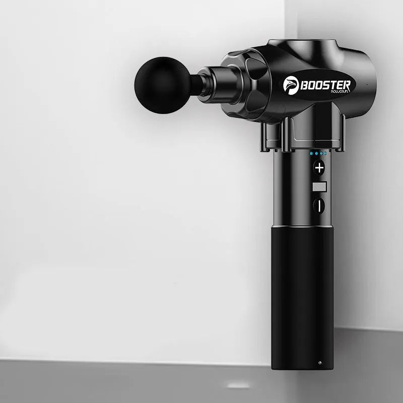 Black and white deep tissue massage gun with adjustable speed settings on display.
