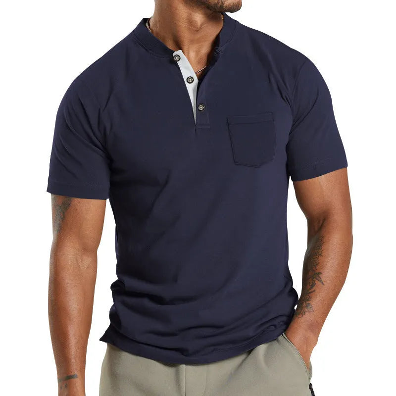 Plus size man wearing a solid colour short sleeve pullover shirt with a button chest pocket.