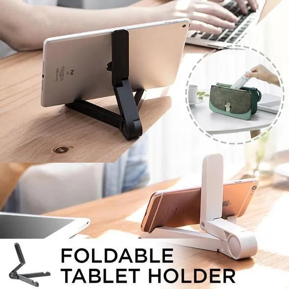 Black foldable tablet holder stand supporting a smartphone in landscape mode on a desk.