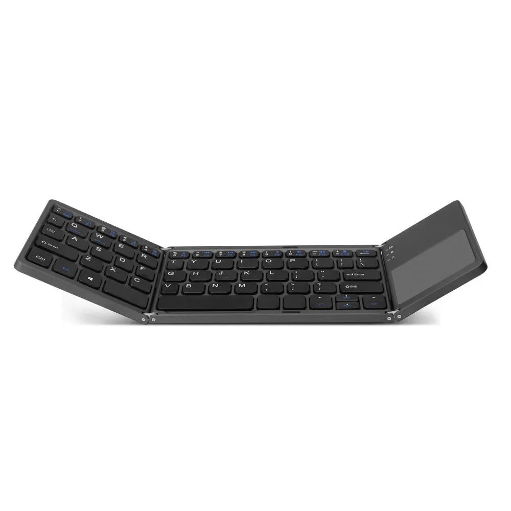 Black tri-fold Bluetooth keyboard unfolded showing keyboard keys and touchpad