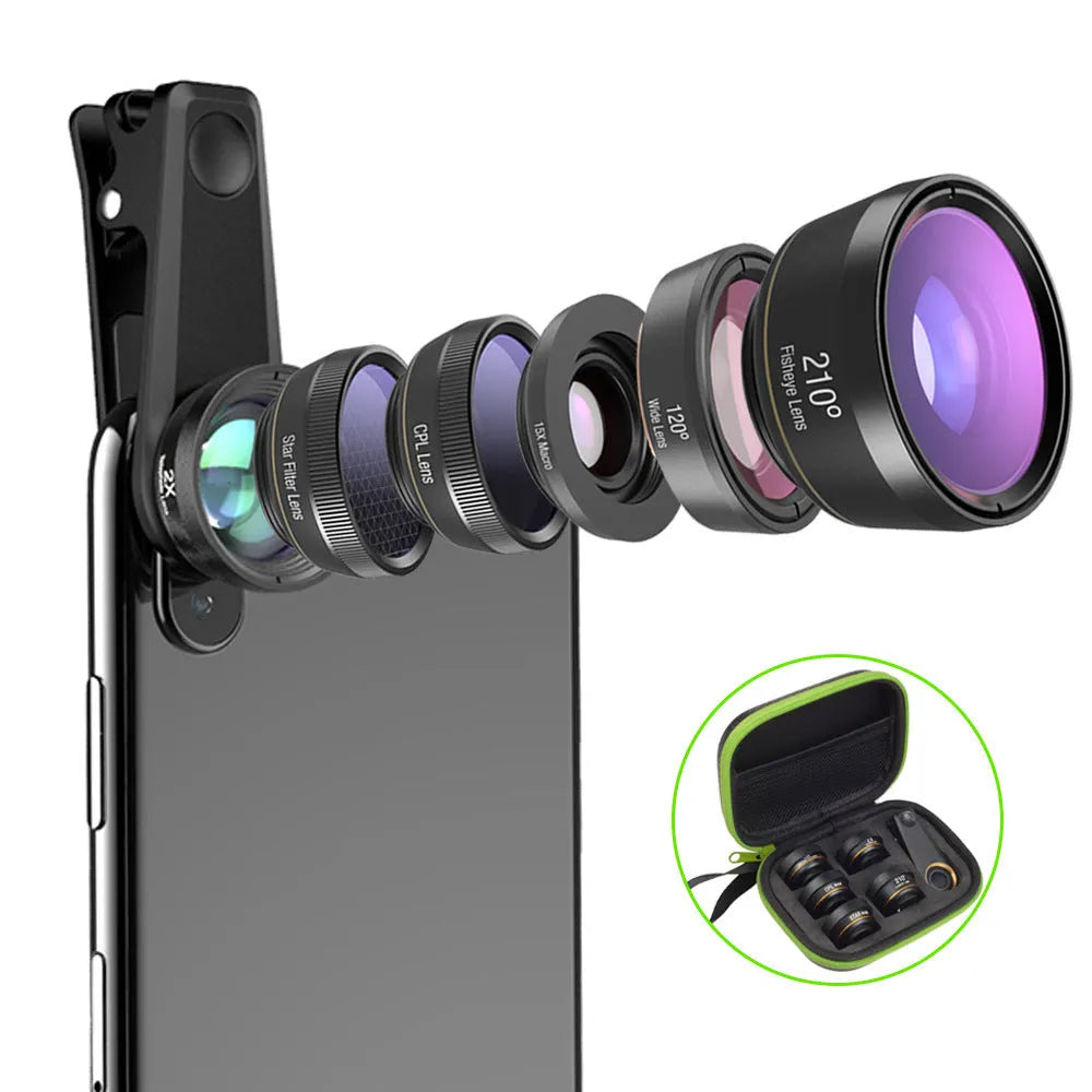 6 in 1 mobile phone lens kit showing fisheye, wide angle, macro, telephoto, CPL and star filter lenses with universal clip