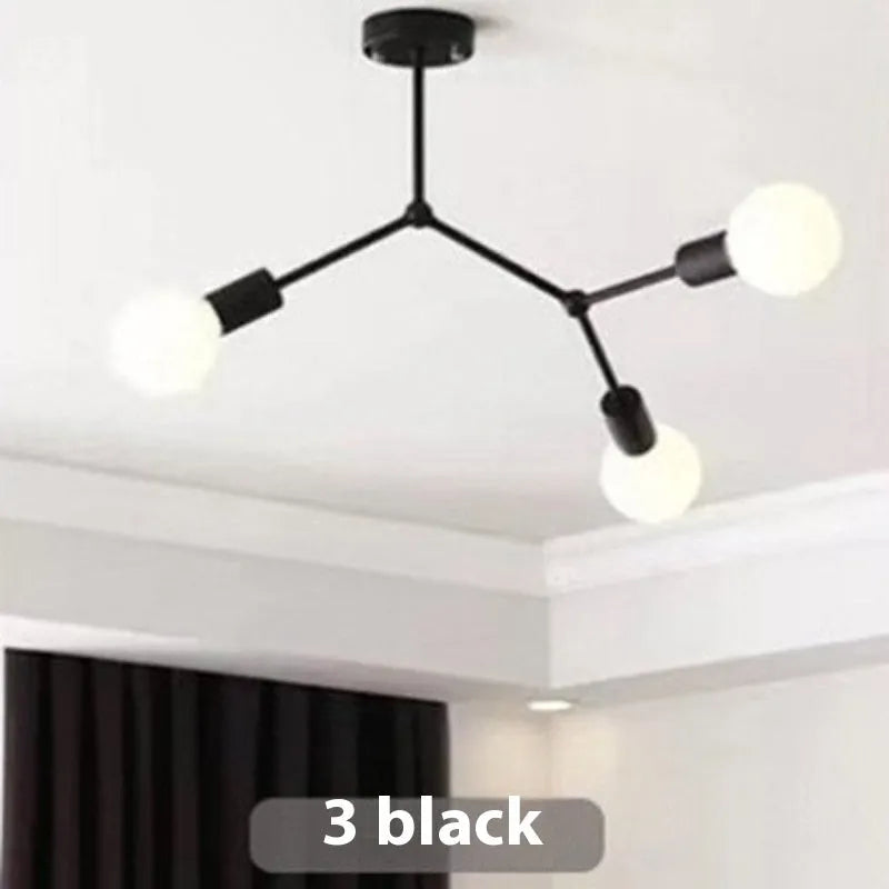Nordic style iron ceiling chandelier with multiple black heads against a white background.