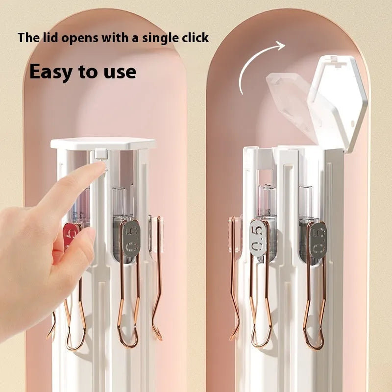 Pressing pen kit with plastic pencil case in blue, white, or pink containing six or sixteen pens