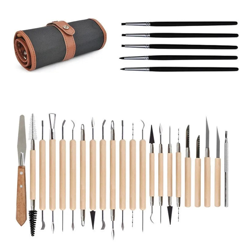 27-piece pottery clay tool set with wooden handles and stainless steel tools for sculpting