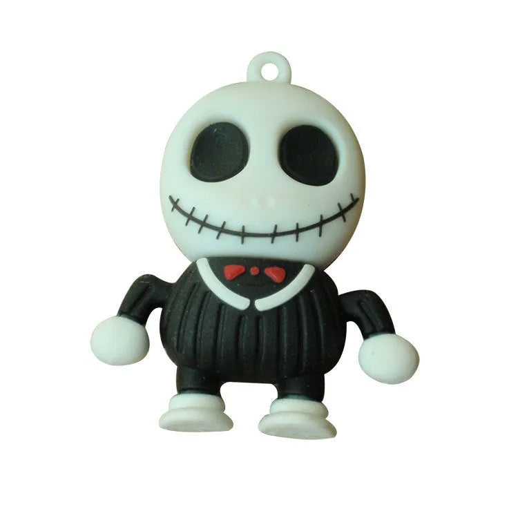 Skull-shaped USB flash drive with Halloween skeleton design on PVC shell, 64GB capacity with keychain