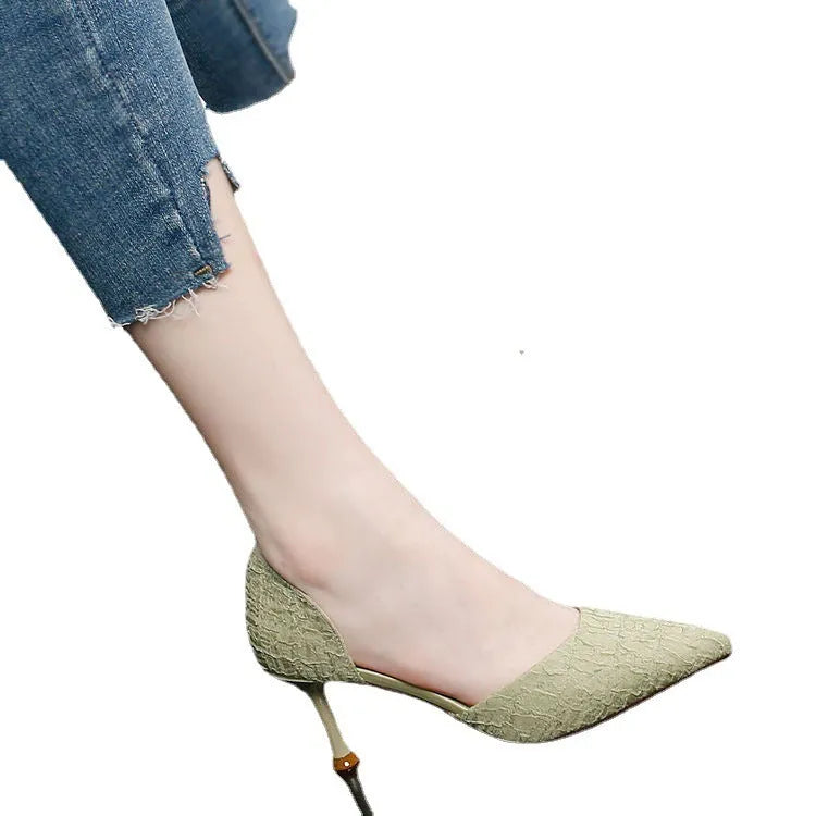 Women's black pointed stiletto high heels with 6-8cm PU leather construction