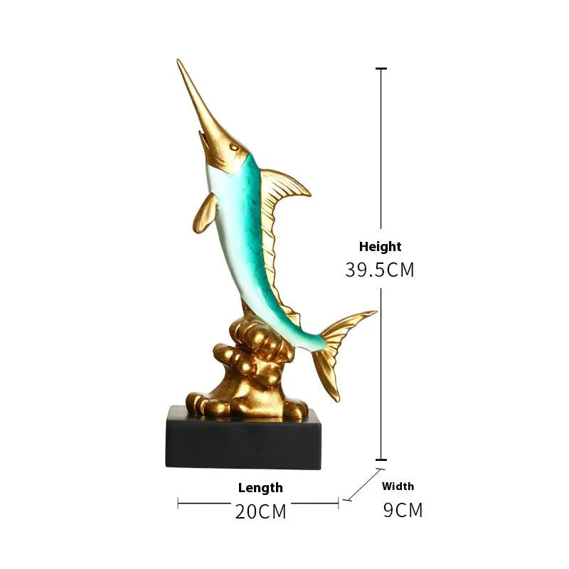 European-style resin swordfish decorative ornament on display in selected colour.