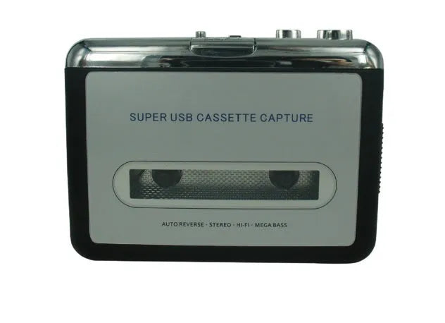 Cassette tape to MP3 converter unit with USB cable on a desk