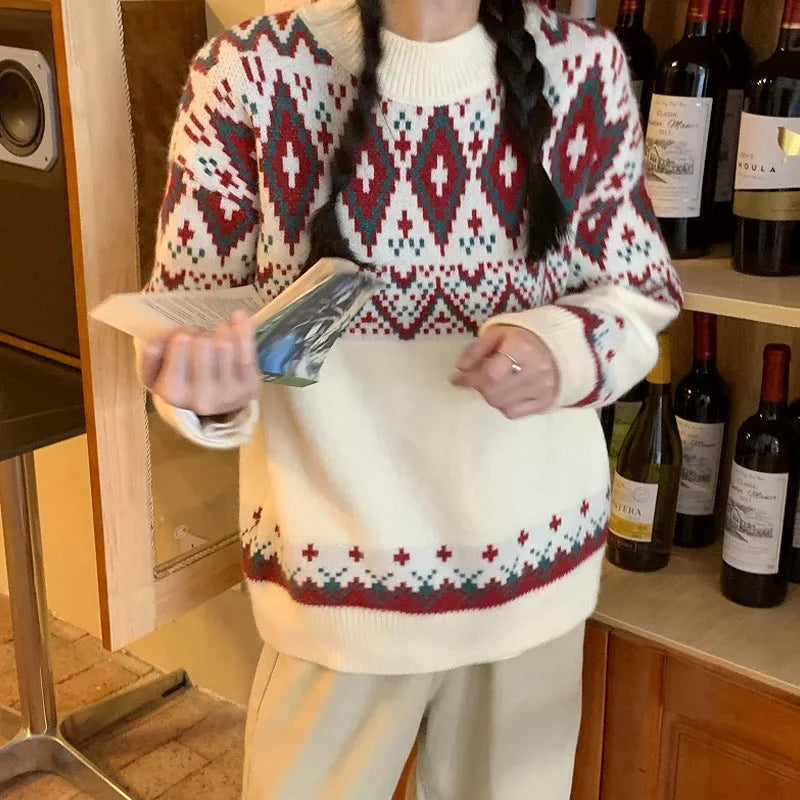 Loose retro striped pullover knitted top with long sleeves in white colour option