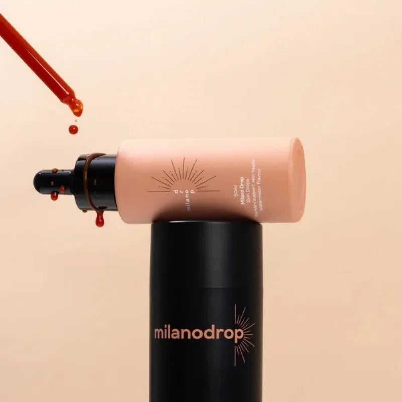 Matte self-tanning liquid set showing 50ml tanning drops bottle and 75ml tanning flash cream tube
