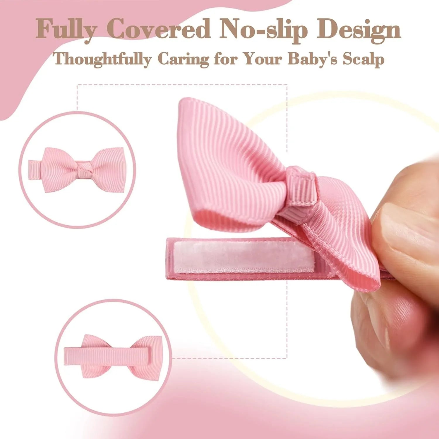 Assortment of pastel-coloured bow and barrette hair clips for babies on a white background.