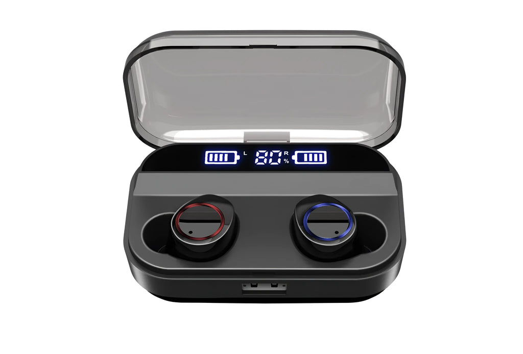 Black X11 Bluetooth wireless earbuds with charging case and six silicone ear tips