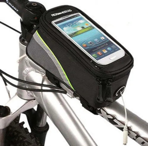 ROSWHEEL PVC bicycle frame phone bag in black mounted on bike frame showing iPhone compatibility