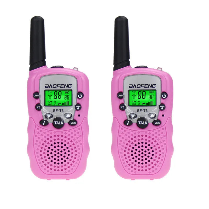 Children's walkie talkie set showing two handheld units in available colour options with 22-channel display