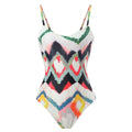 Women's two-piece polyester swimsuit with striped gradient print and matching hip skirt
